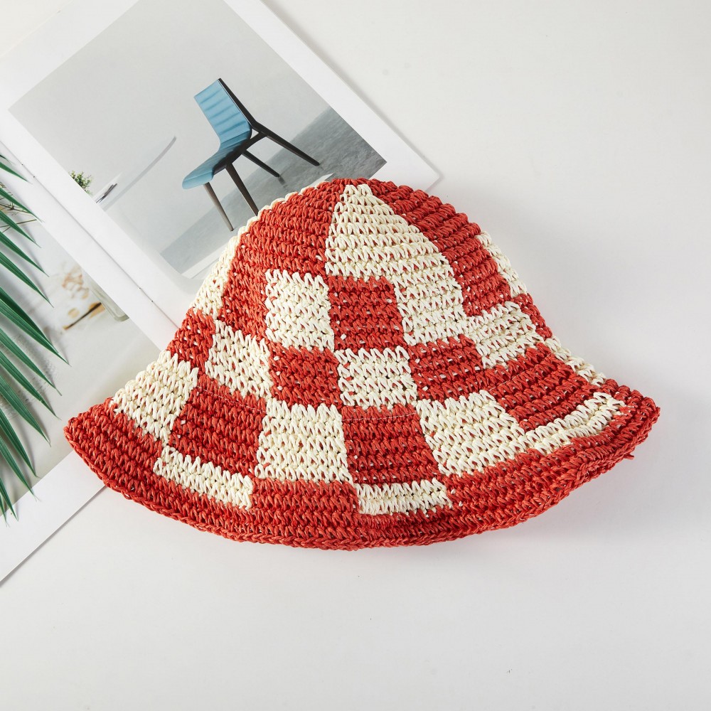 Woven Paper Straw Bucket Hat Featuring Two Tone Plaid - One Size Fits Most ( Adjustable Drawstring) -Brim Approximately 3" L - 100% Paper view 4