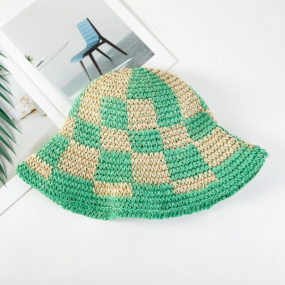 Woven Paper Straw Bucket Hat Featuring Two Tone Plaid - One Size Fits Most ( Adjustable Drawstring) -Brim Approximately 3" L - 100% Paper view 4