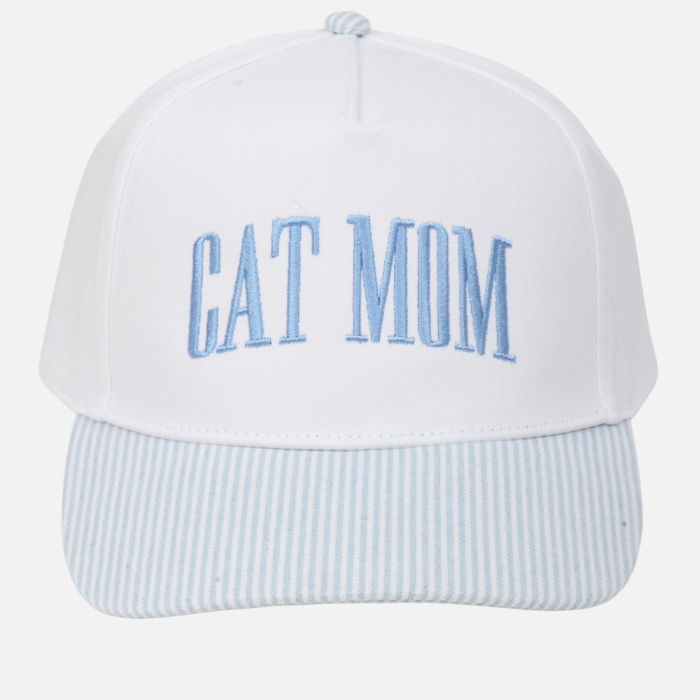 Two Tone Skinny Stripe Baseball Cap With Embroidered "Cat Mom" - Snap Back Closure - One Size Fits Most - 100% Cotton view 2