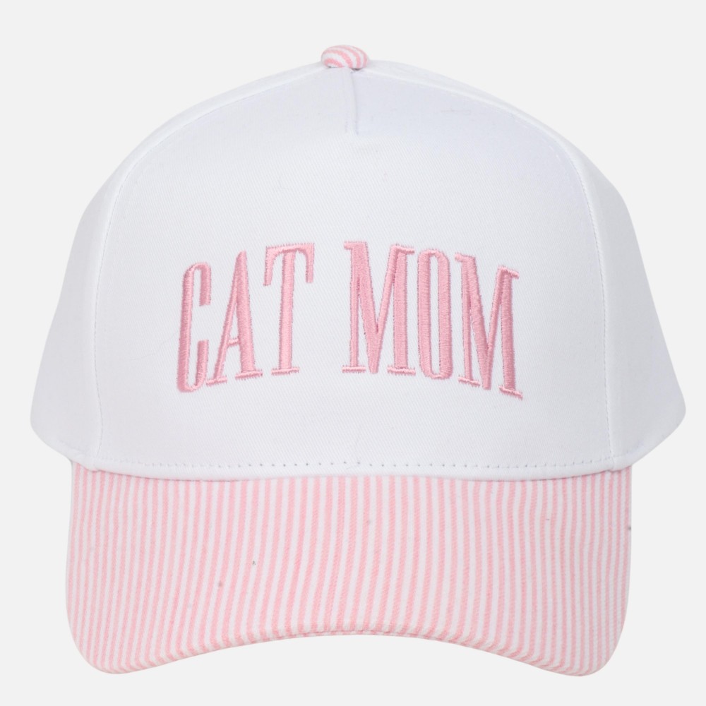 Two Tone Skinny Stripe Baseball Cap With Embroidered "Cat Mom" - Snap Back Closure - One Size Fits Most - 100% Cotton view 2