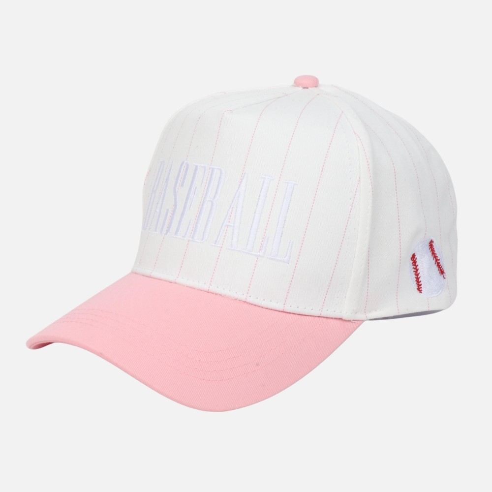 Two Tone Pinstripe "BASEBALL" Embroidered Baseball Cap - Baseball Side Embroidery - Snap Back Closure - One Size Fits Most - 100% Cotton view 4