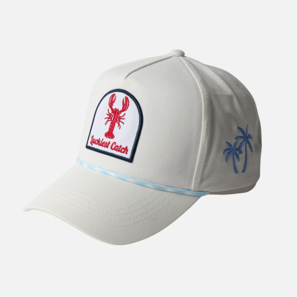 Linen "Luckiest Catch" & Crawfish Patch Baseball Cap With Rope Band - Palm Tree Side Embroidery - Snap Back Closure - One Size Fits Most - 100% Cotton view 4