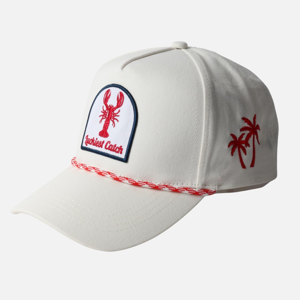 Linen "Luckiest Catch" & Crawfish Patch Baseball Cap With Rope Band - Palm Tree Side Embroidery - Snap Back Closure - One Size Fits Most - 100% Cotton view 4