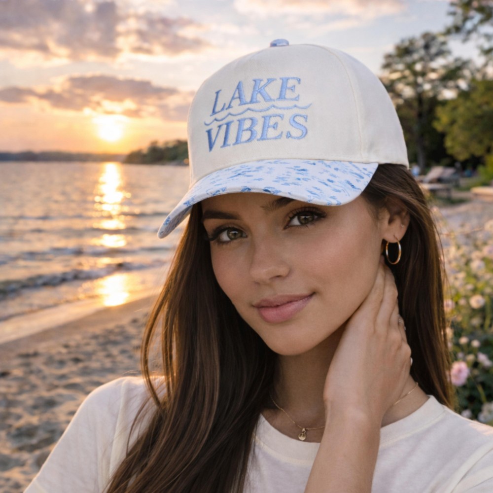 Two Tone Floral "LAKE VIBES" Embroidered Baseball Cap - Snap Back Closure - One Size Fits Most - 100% Cotton view 2