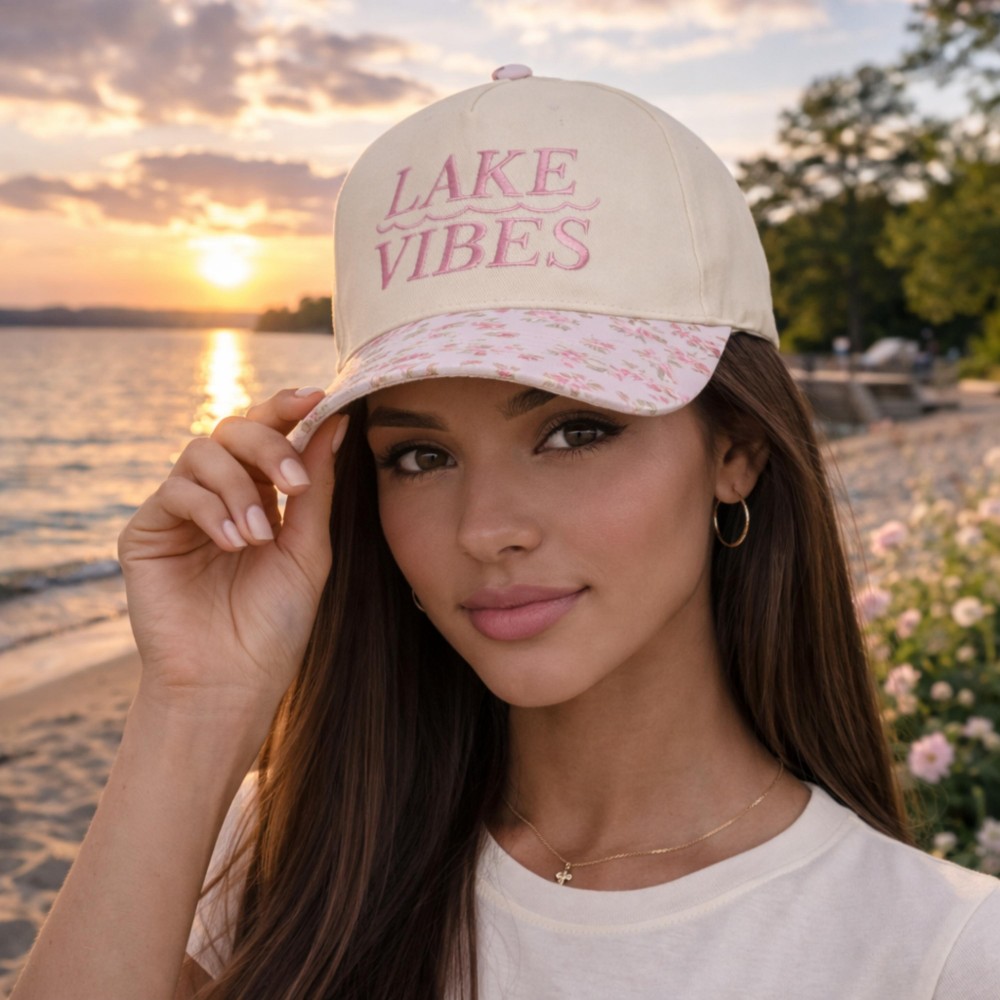 Two Tone Floral "LAKE VIBES" Embroidered Baseball Cap - Snap Back Closure - One Size Fits Most - 100% Cotton view 2