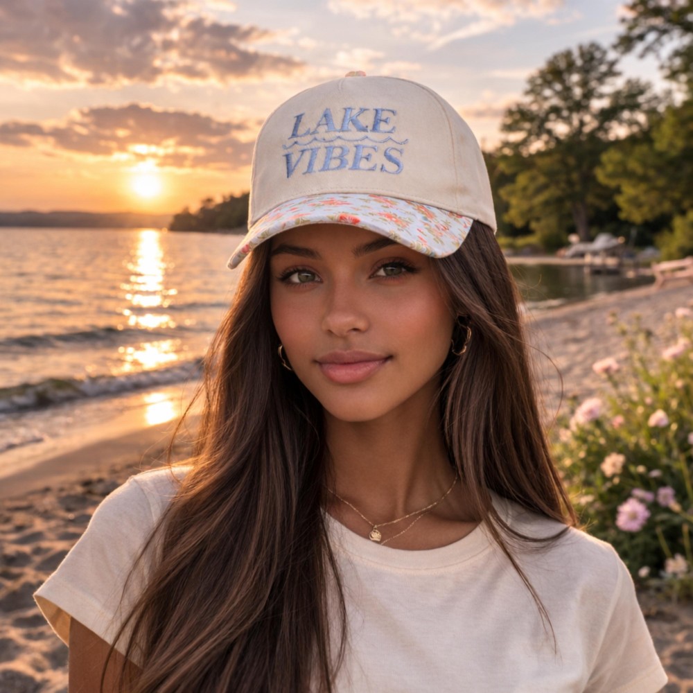 Two Tone Floral "LAKE VIBES" Embroidered Baseball Cap - Snap Back Closure - One Size Fits Most - 100% Cotton view 2