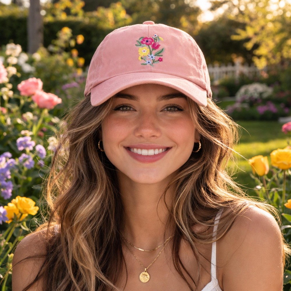 Flowers Embroidered Baseball Cap - One Size Fits Most - Slide Buckle Adjustment - 100% Cotton view 2
