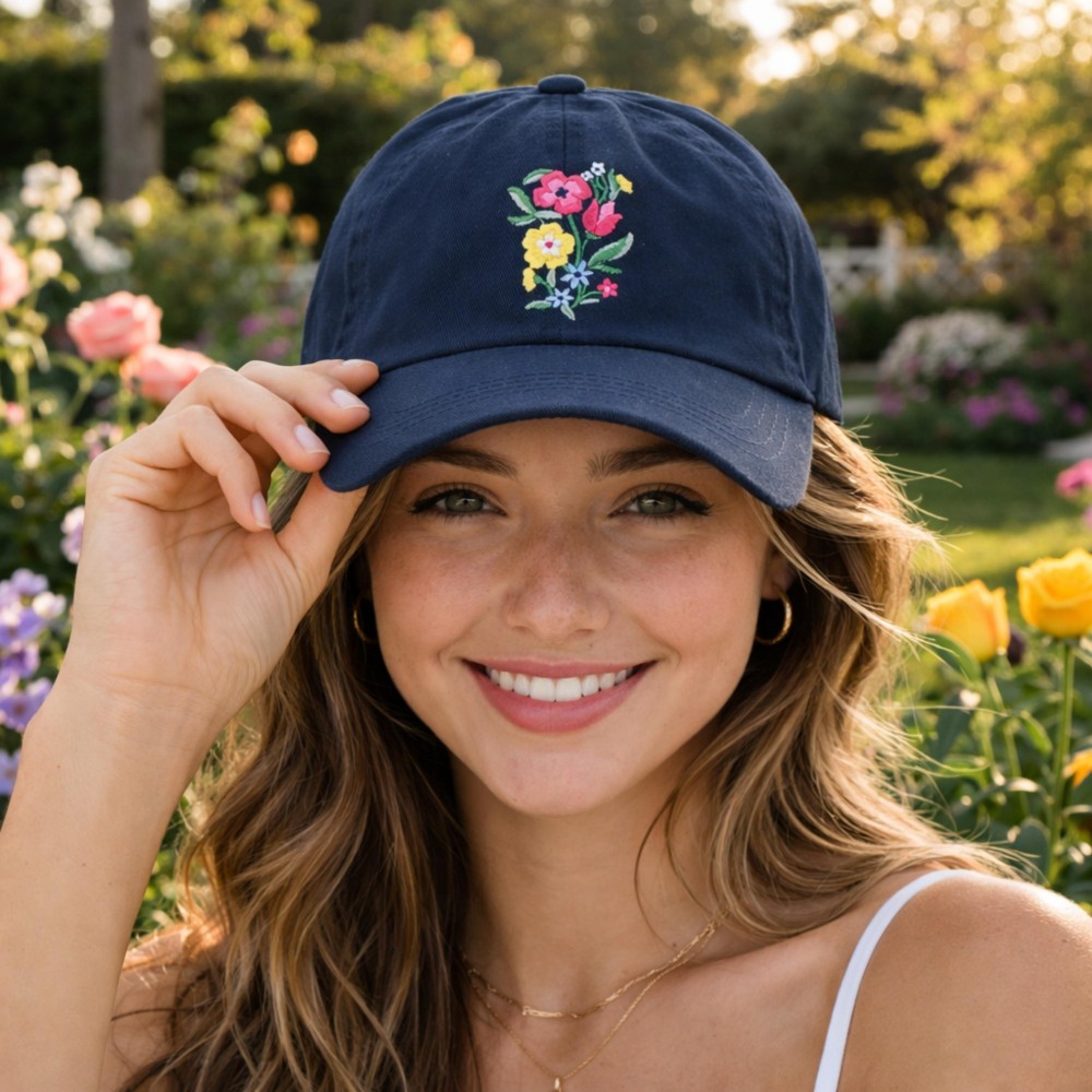 Flowers Embroidered Baseball Cap - One Size Fits Most - Slide Buckle Adjustment - 100% Cotton view 2