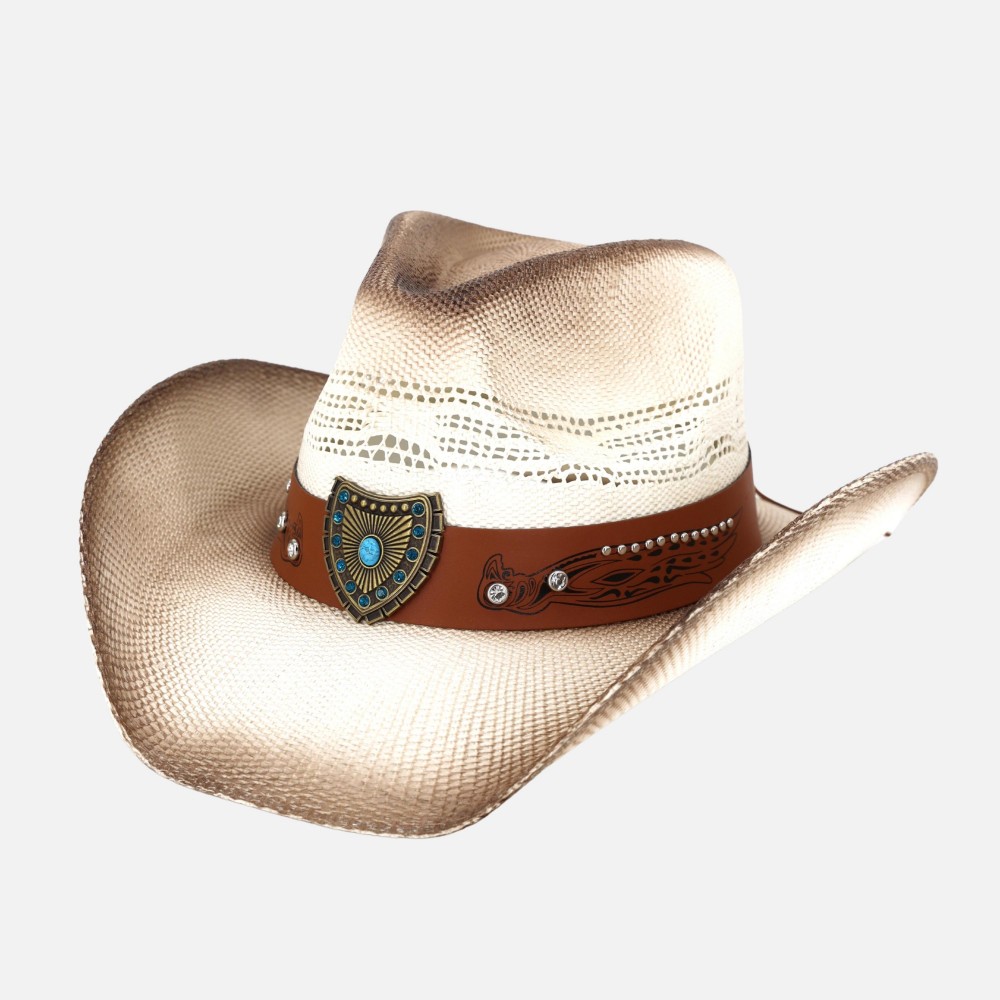 Vented Vintage Straw Cowboy Hat With Turquoise & Rhinestone Studded Shield Band - One Size Fits Most - 100% Paper view 6