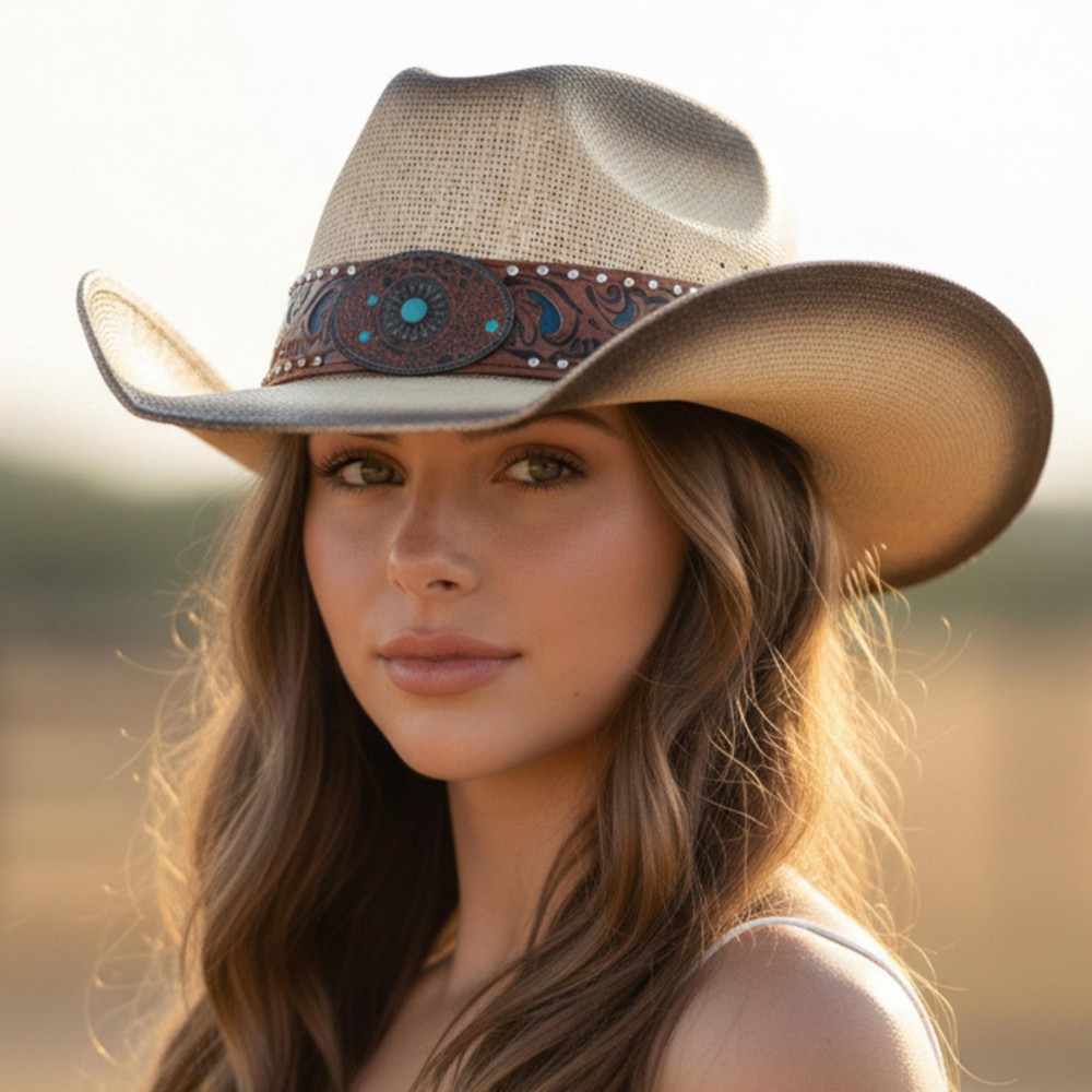 Vintage Straw Cowboy Hat With Vegan Leather Band & Turquoise Details - One Size Fits Most - 100% Paper view 2