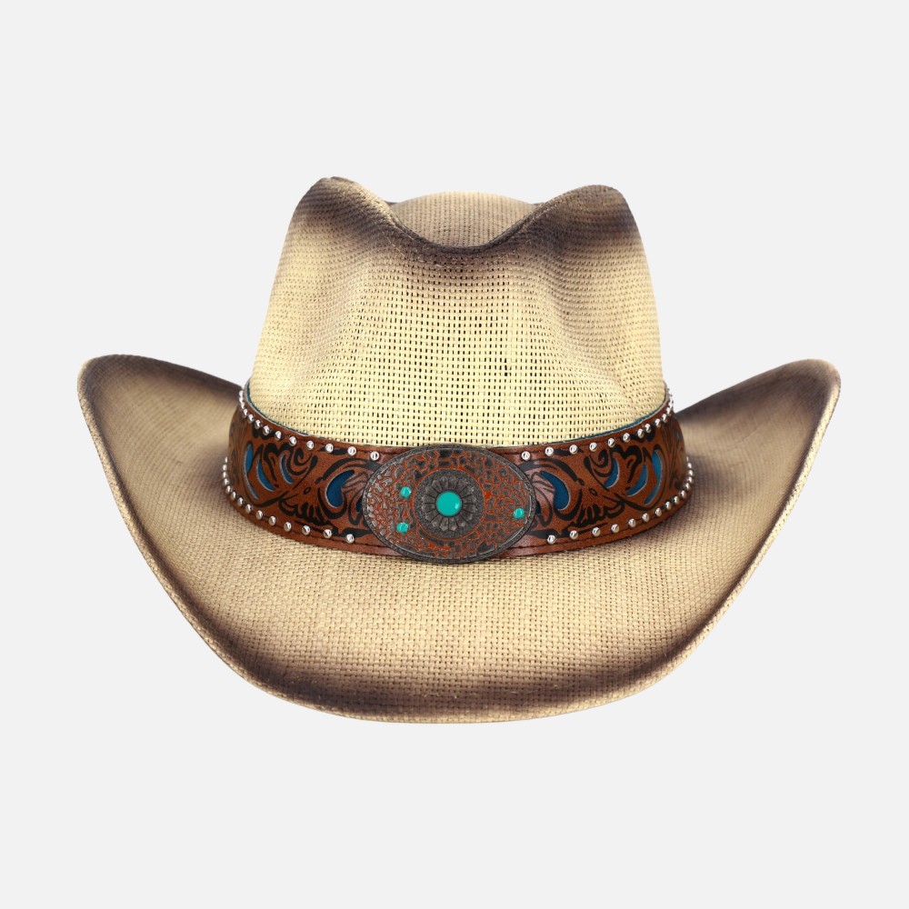 Vintage Straw Cowboy Hat With Vegan Leather Band & Turquoise Details - One Size Fits Most - 100% Paper view 4