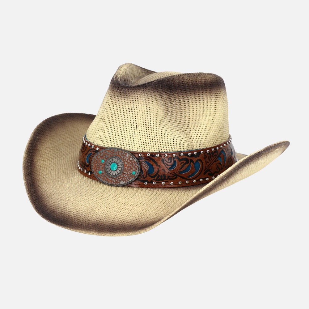 Vintage Straw Cowboy Hat With Vegan Leather Band & Turquoise Details - One Size Fits Most - 100% Paper view 6