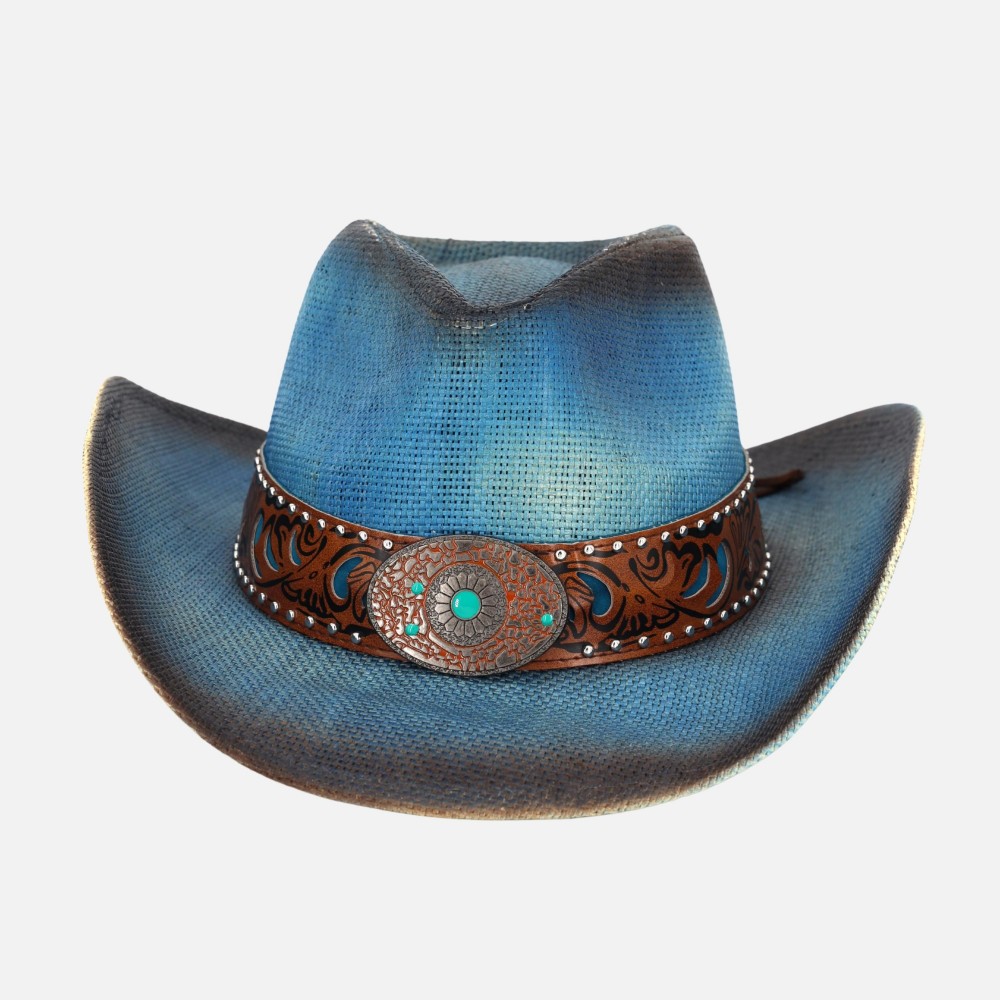 Vintage Straw Cowboy Hat With Vegan Leather Band & Turquoise Details - One Size Fits Most - 100% Paper view 4