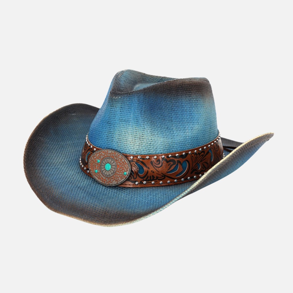 Vintage Straw Cowboy Hat With Vegan Leather Band & Turquoise Details - One Size Fits Most - 100% Paper view 6