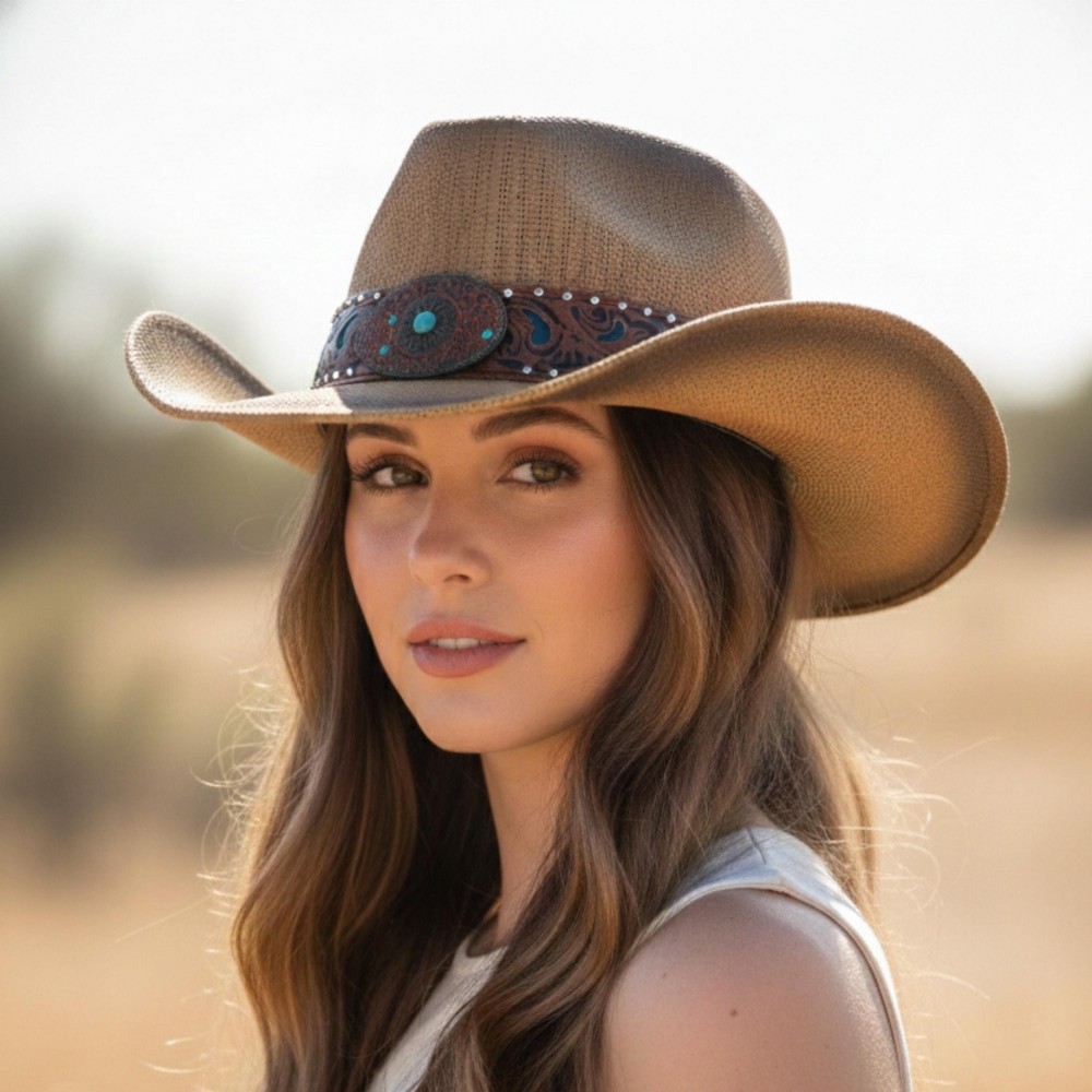 Vintage Straw Cowboy Hat With Vegan Leather Band & Turquoise Details - One Size Fits Most - 100% Paper view 2