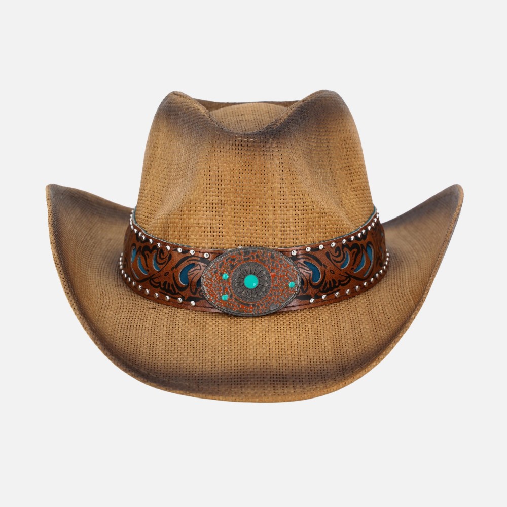 Vintage Straw Cowboy Hat With Vegan Leather Band & Turquoise Details - One Size Fits Most - 100% Paper view 4