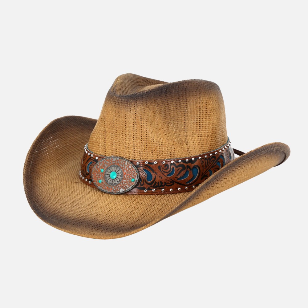 Vintage Straw Cowboy Hat With Vegan Leather Band & Turquoise Details - One Size Fits Most - 100% Paper view 6