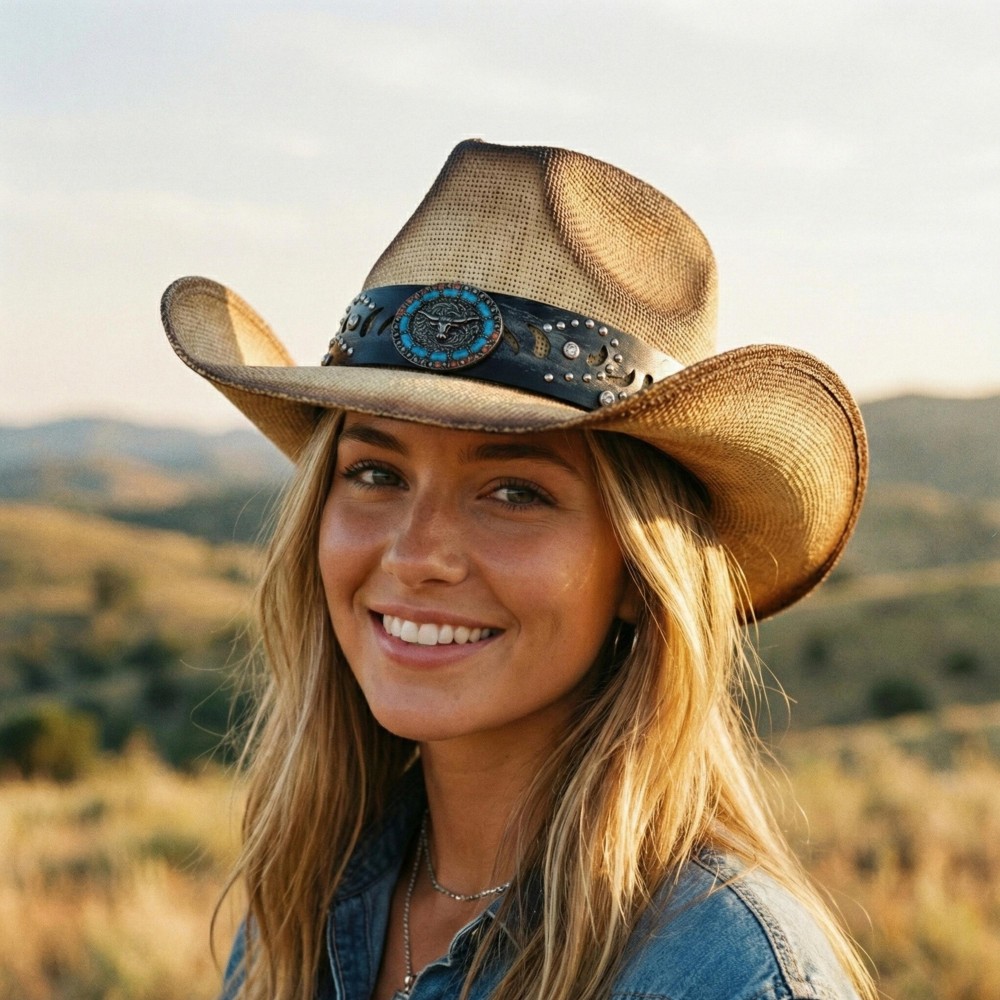 Vintage Straw Cowboy Hat With Studded Details & Bull Head Concho - One Size Fits Most - 100% Paper view 2