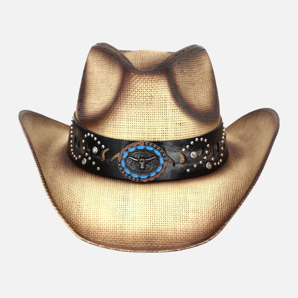 Vintage Straw Cowboy Hat With Studded Details & Bull Head Concho - One Size Fits Most - 100% Paper view 4