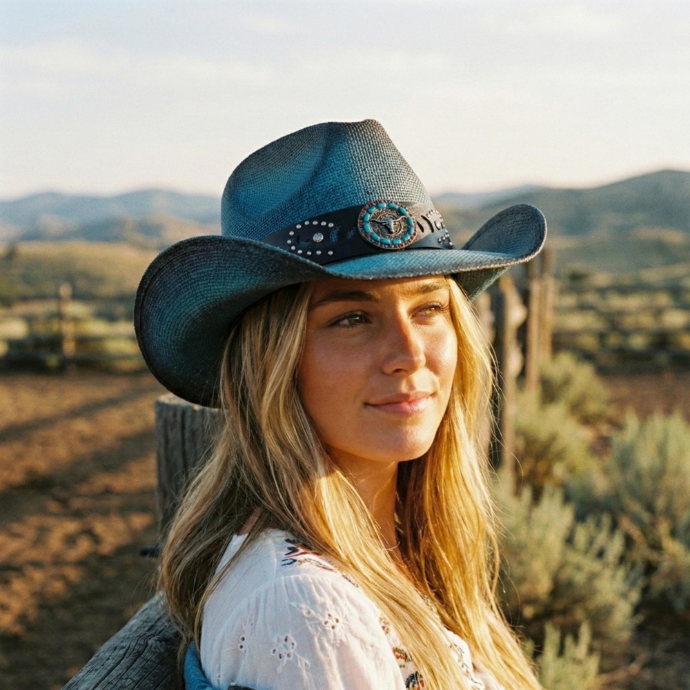 Vintage Straw Cowboy Hat With Studded Details & Bull Head Concho - One Size Fits Most - 100% Paper view 2