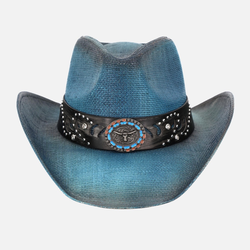 Vintage Straw Cowboy Hat With Studded Details & Bull Head Concho - One Size Fits Most - 100% Paper view 4