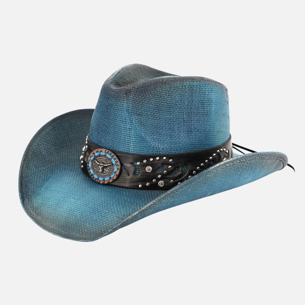 Vintage Straw Cowboy Hat With Studded Details & Bull Head Concho - One Size Fits Most - 100% Paper view 6