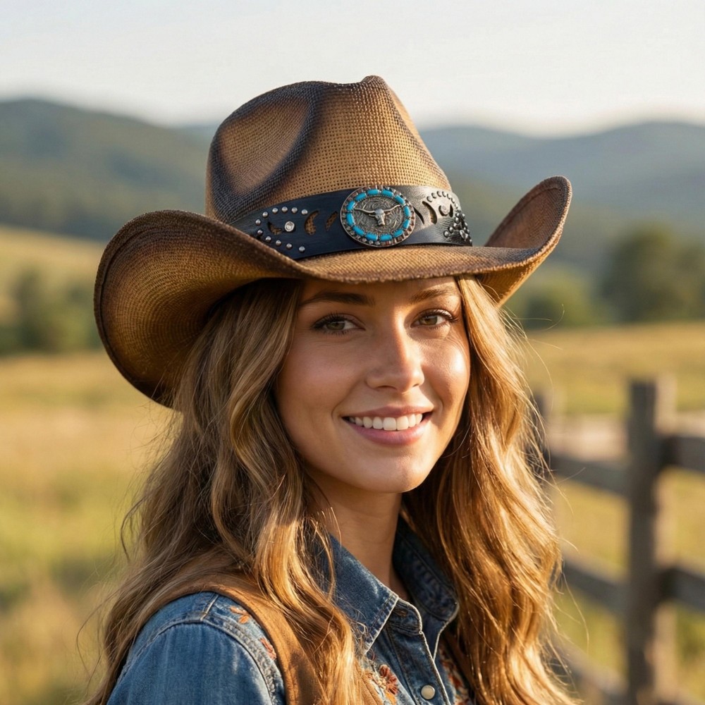Vintage Straw Cowboy Hat With Studded Details & Bull Head Concho - One Size Fits Most - 100% Paper view 2