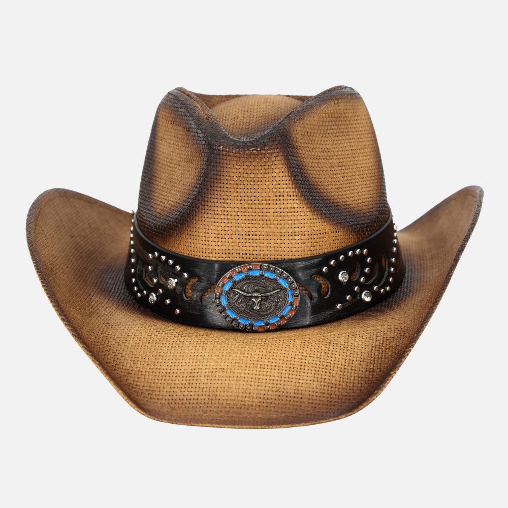 Vintage Straw Cowboy Hat With Studded Details & Bull Head Concho - One Size Fits Most - 100% Paper view 4