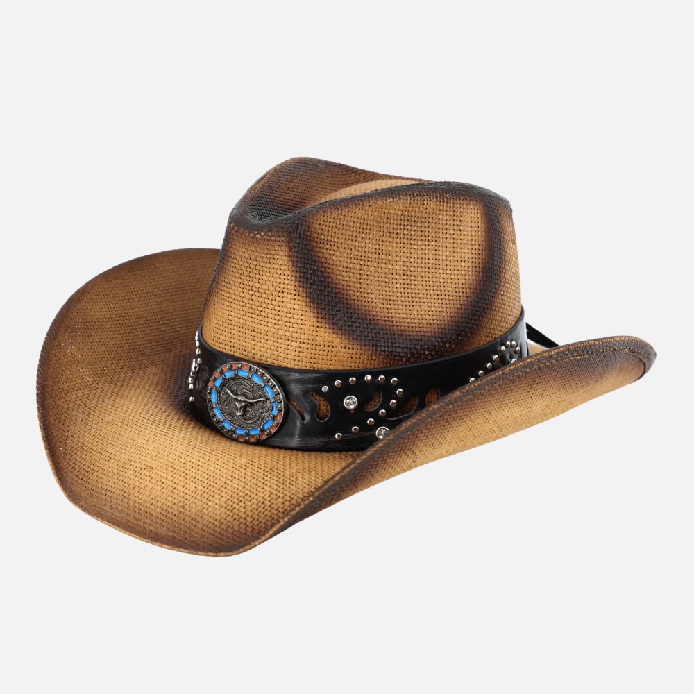 Vintage Straw Cowboy Hat With Studded Details & Bull Head Concho - One Size Fits Most - 100% Paper view 6