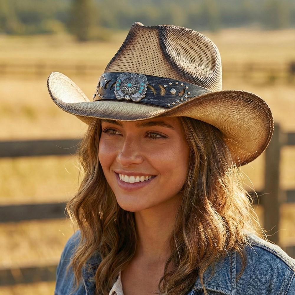 Vintage Straw Cowboy Hat With Turquoise Gem Flower Concho Band - One Size Fits Most - 100% Paper view 2