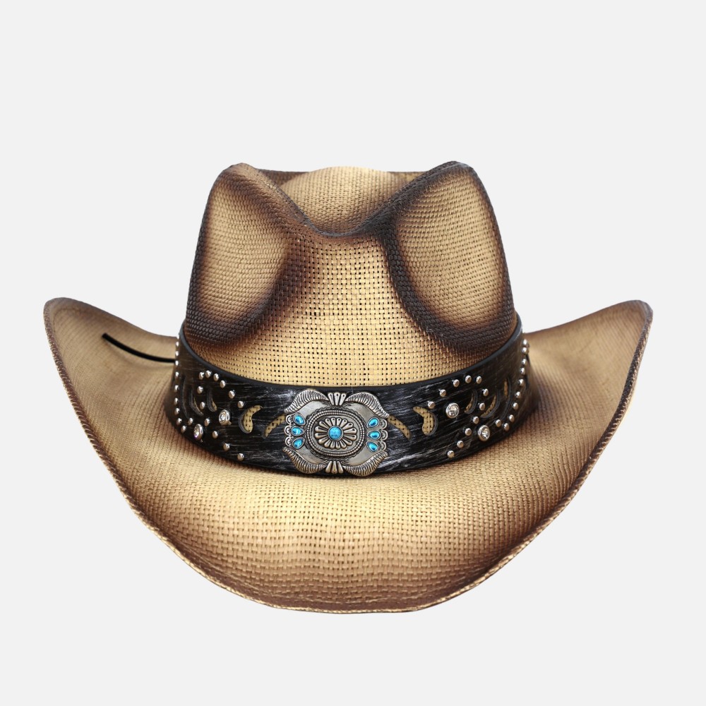 Vintage Straw Cowboy Hat With Turquoise Gem Flower Concho Band - One Size Fits Most - 100% Paper view 4