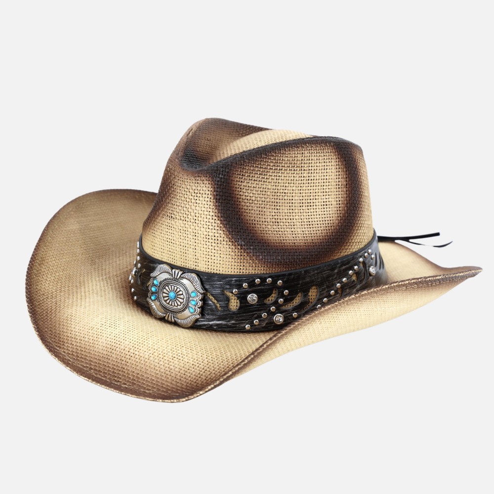 Vintage Straw Cowboy Hat With Turquoise Gem Flower Concho Band - One Size Fits Most - 100% Paper view 6
