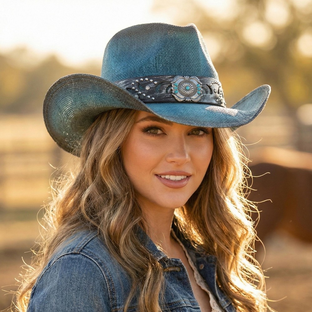 Vintage Straw Cowboy Hat With Turquoise Gem Flower Concho Band - One Size Fits Most - 100% Paper view 2