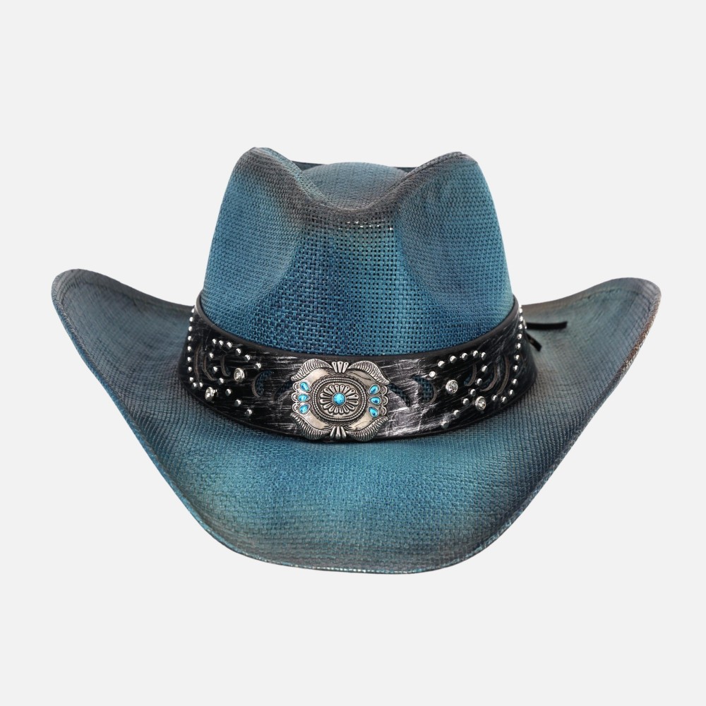 Vintage Straw Cowboy Hat With Turquoise Gem Flower Concho Band - One Size Fits Most - 100% Paper view 4