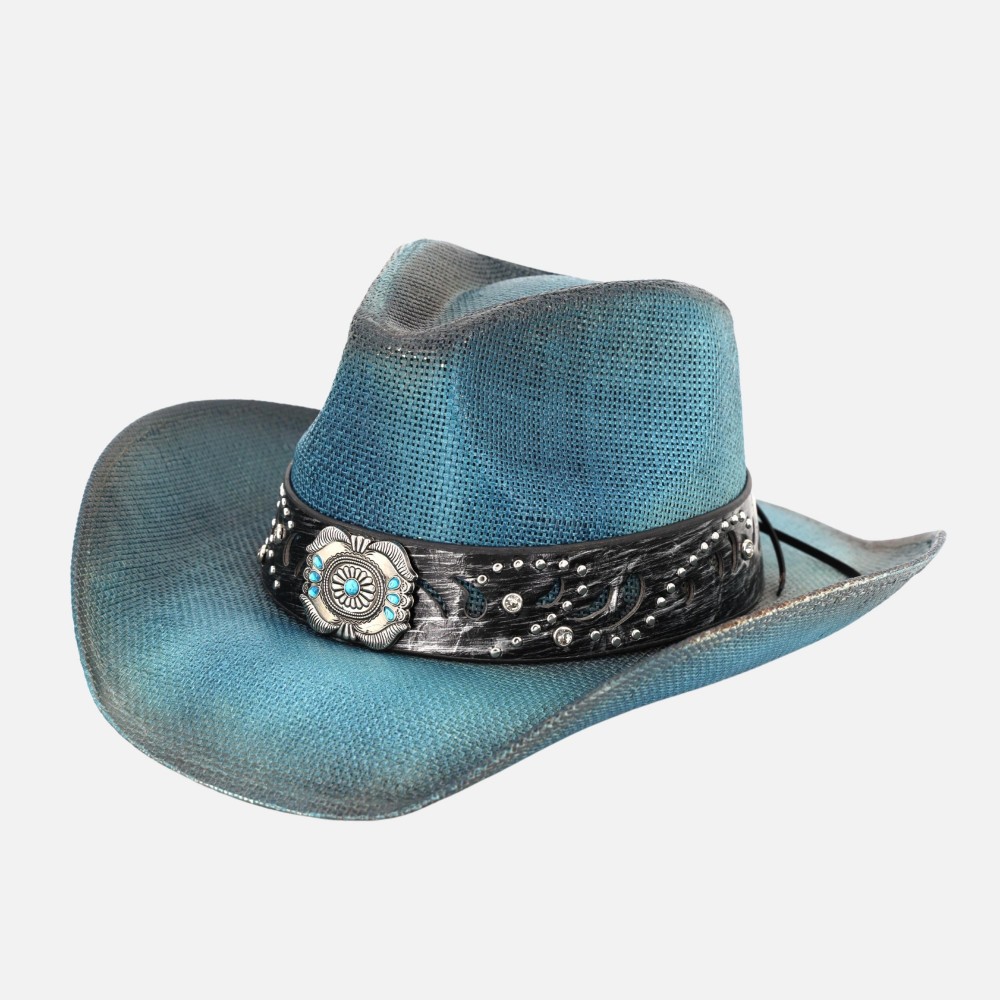 Vintage Straw Cowboy Hat With Turquoise Gem Flower Concho Band - One Size Fits Most - 100% Paper view 6