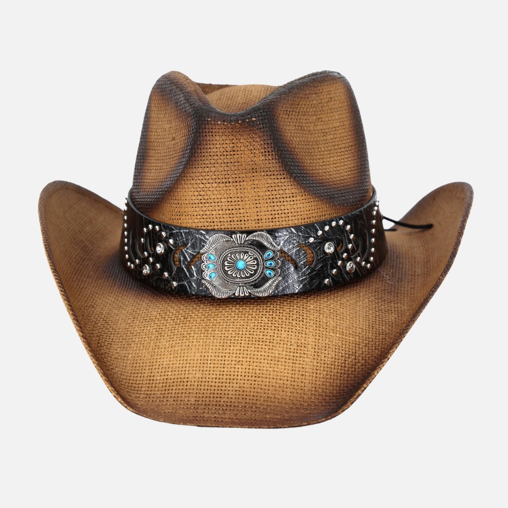 Vintage Straw Cowboy Hat With Turquoise Gem Flower Concho Band - One Size Fits Most - 100% Paper view 4