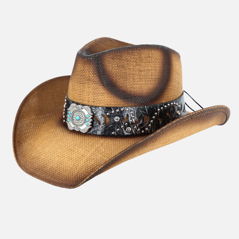 Vintage Straw Cowboy Hat With Turquoise Gem Flower Concho Band - One Size Fits Most - 100% Paper view 6