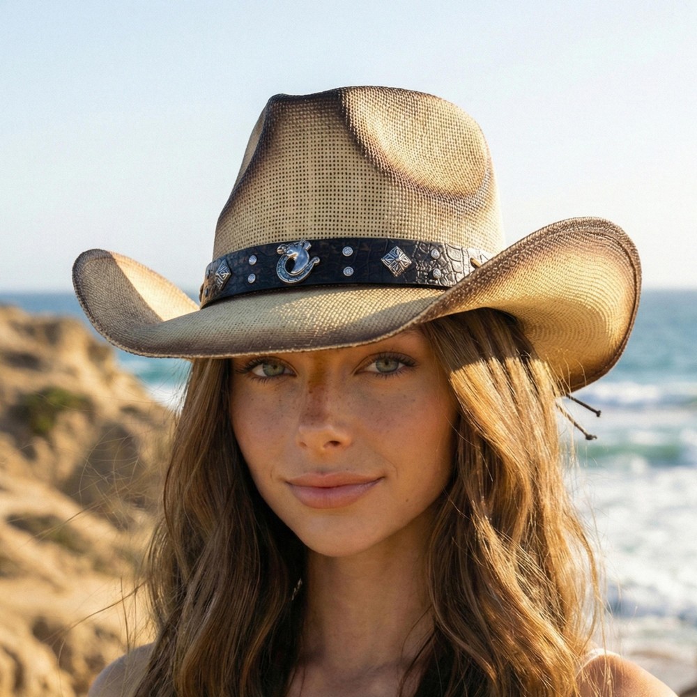 Vintage Straw Cowboy Hat With Vegan Leather Horseshoe Studded Band - One Size Fits Most - 100% Paper view 2