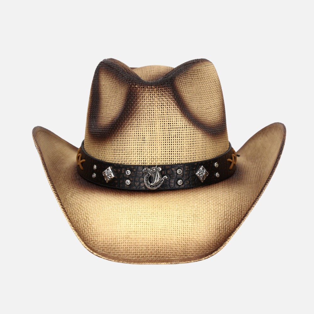 Vintage Straw Cowboy Hat With Vegan Leather Horseshoe Studded Band - One Size Fits Most - 100% Paper view 4