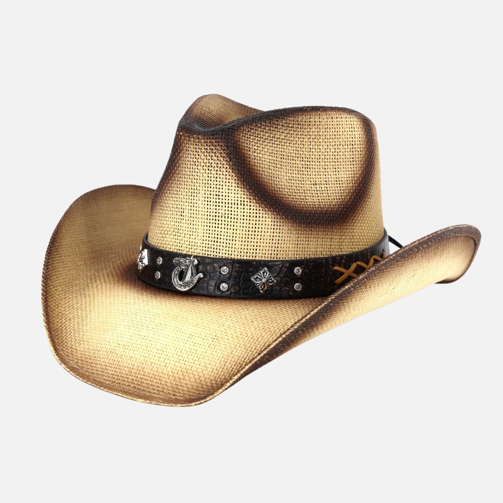 Vintage Straw Cowboy Hat With Vegan Leather Horseshoe Studded Band - One Size Fits Most - 100% Paper view 6