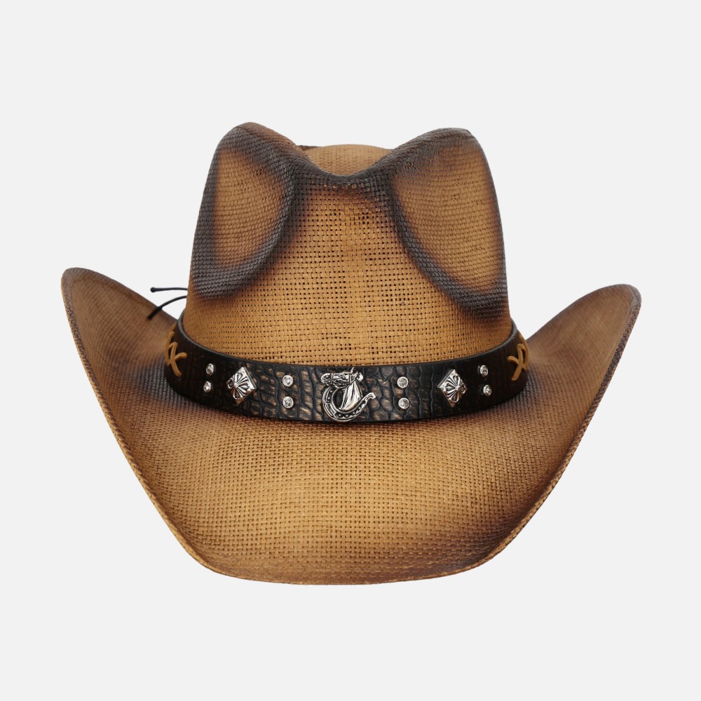 Vintage Straw Cowboy Hat With Vegan Leather Horseshoe Studded Band - One Size Fits Most - 100% Paper view 4