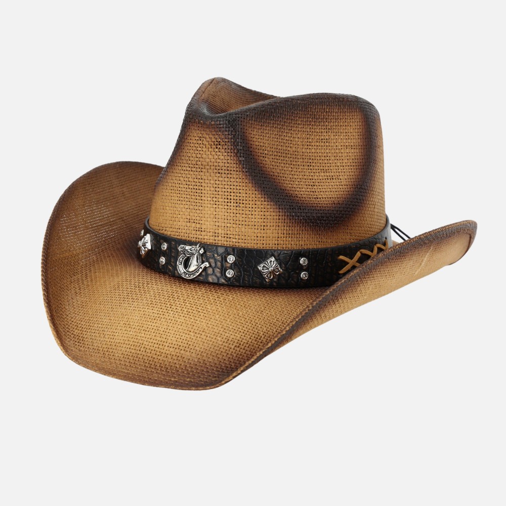 Vintage Straw Cowboy Hat With Vegan Leather Horseshoe Studded Band - One Size Fits Most - 100% Paper view 6