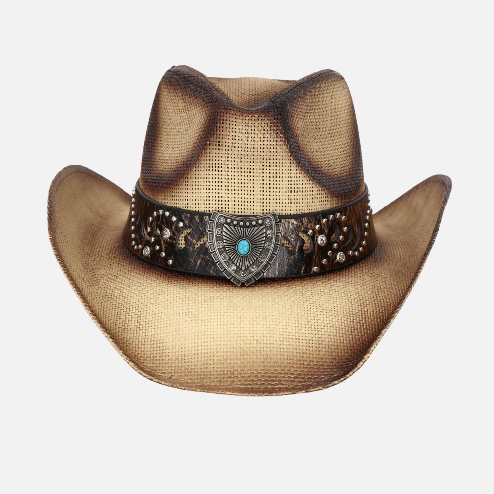 Vintage Straw Cowboy Hat With Studded Band & Turquoise Shield Detail - One Size Fits Most - 100% Paper view 4