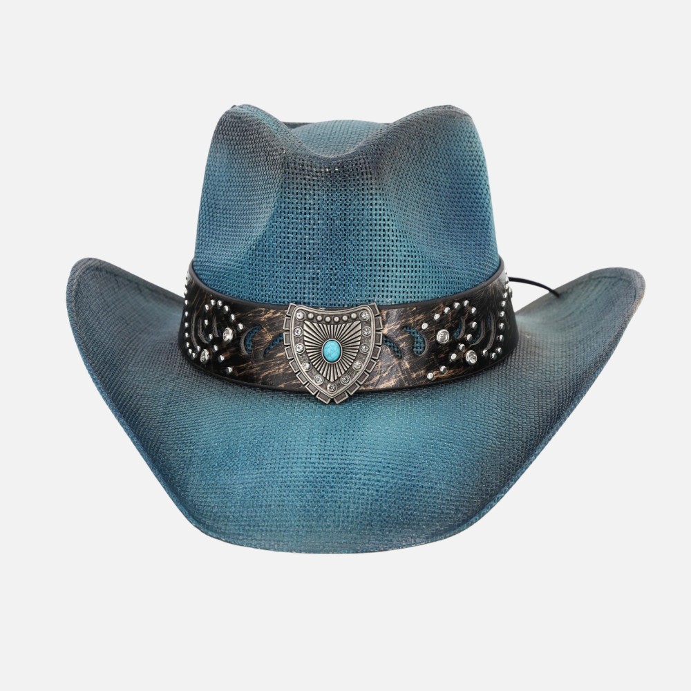 Vintage Straw Cowboy Hat With Studded Band & Turquoise Shield Detail - One Size Fits Most - 100% Paper view 4