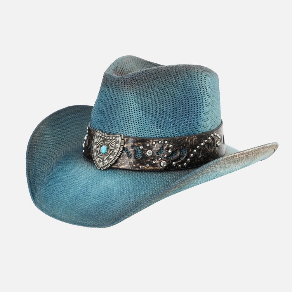 Vintage Straw Cowboy Hat With Studded Band & Turquoise Shield Detail - One Size Fits Most - 100% Paper view 6