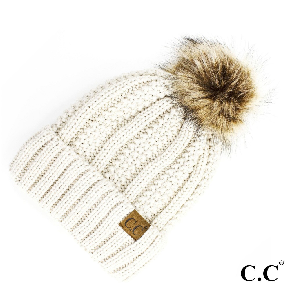 C.C YJ-820 Fuzzy Lined Knit Beanie With Faux Fur Pom - One Size - 100% Acrylic view 2
