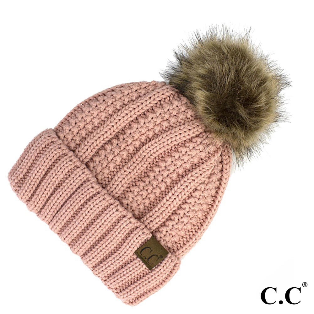 C.C YJ-820 Fuzzy Lined Knit Beanie With Faux Fur Pom - One Size - 100% Acrylic view 2