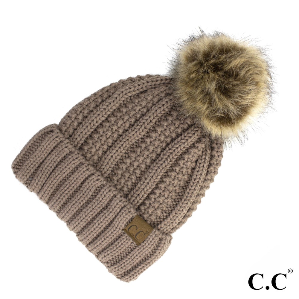 C.C YJ-820 Fuzzy Lined Knit Beanie With Faux Fur Pom - One Size - 100% Acrylic view 2