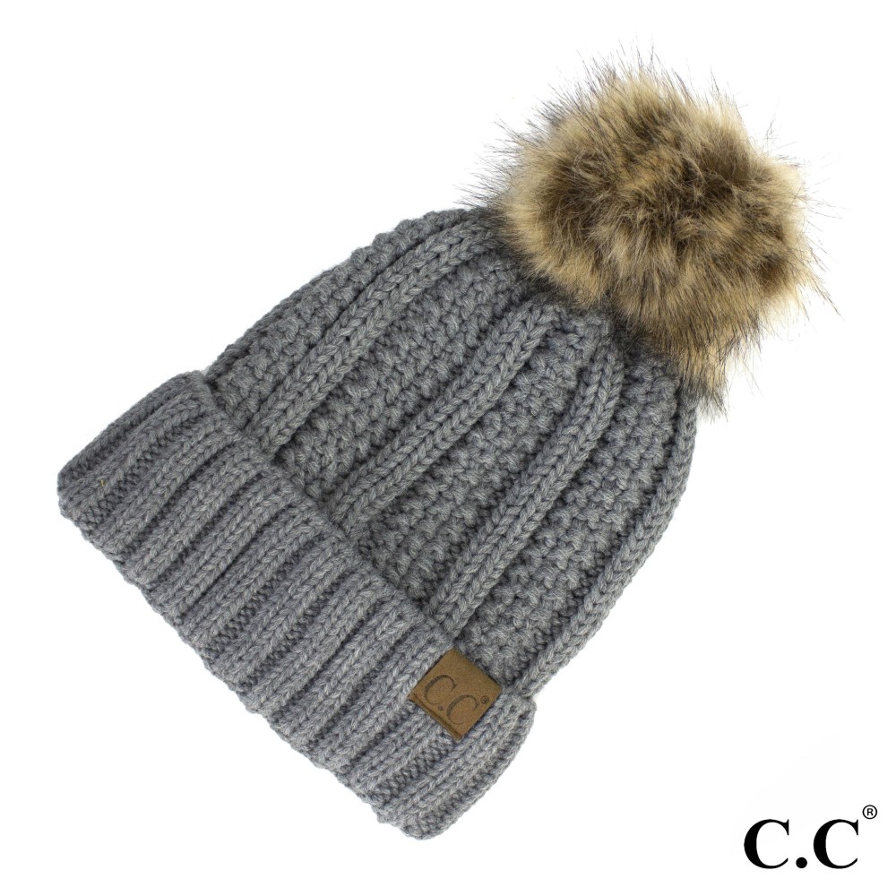 C.C YJ-820 Fuzzy Lined Knit Beanie With Faux Fur Pom - One Size - 100% Acrylic view 2