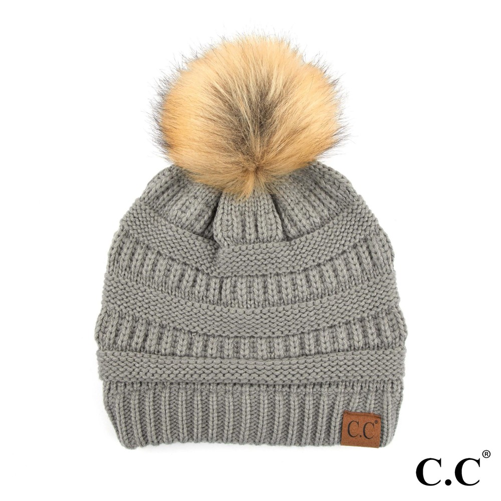 C.C HAT-43 Solid Ribbed Knit Faux Fur Pom Beanie. - One size fits most - 100% Acrylic view 2